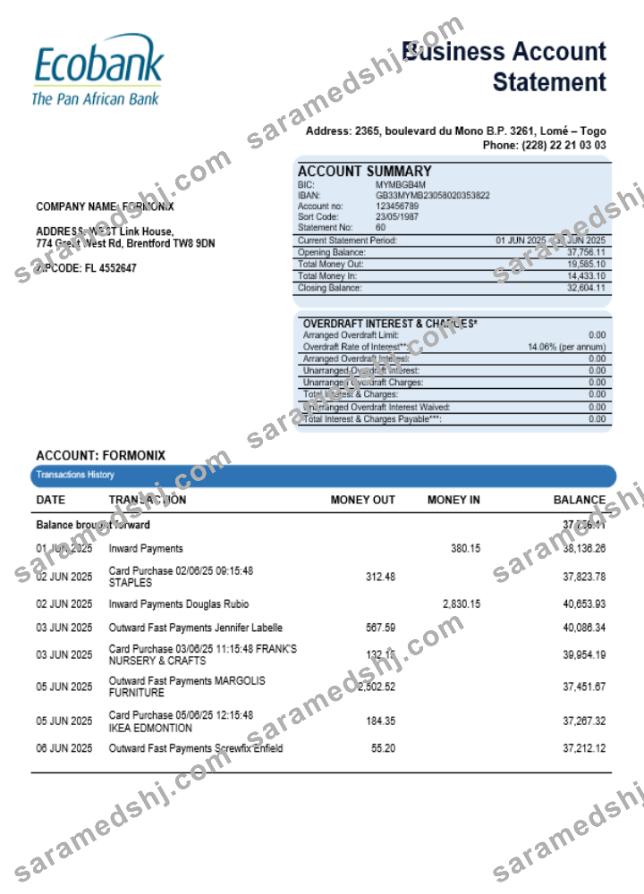 Central African Ecobank business bank organization account statement Word and PDF format